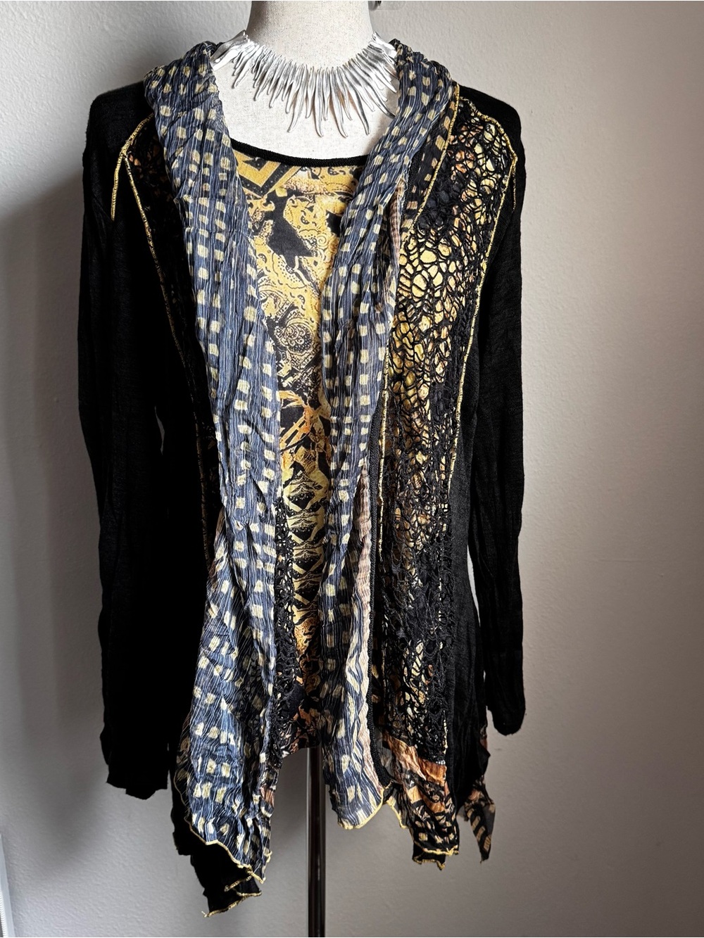Lior Luxe Paris Black Mixed Media Cardigan Crochet Sheer Gothic Size L